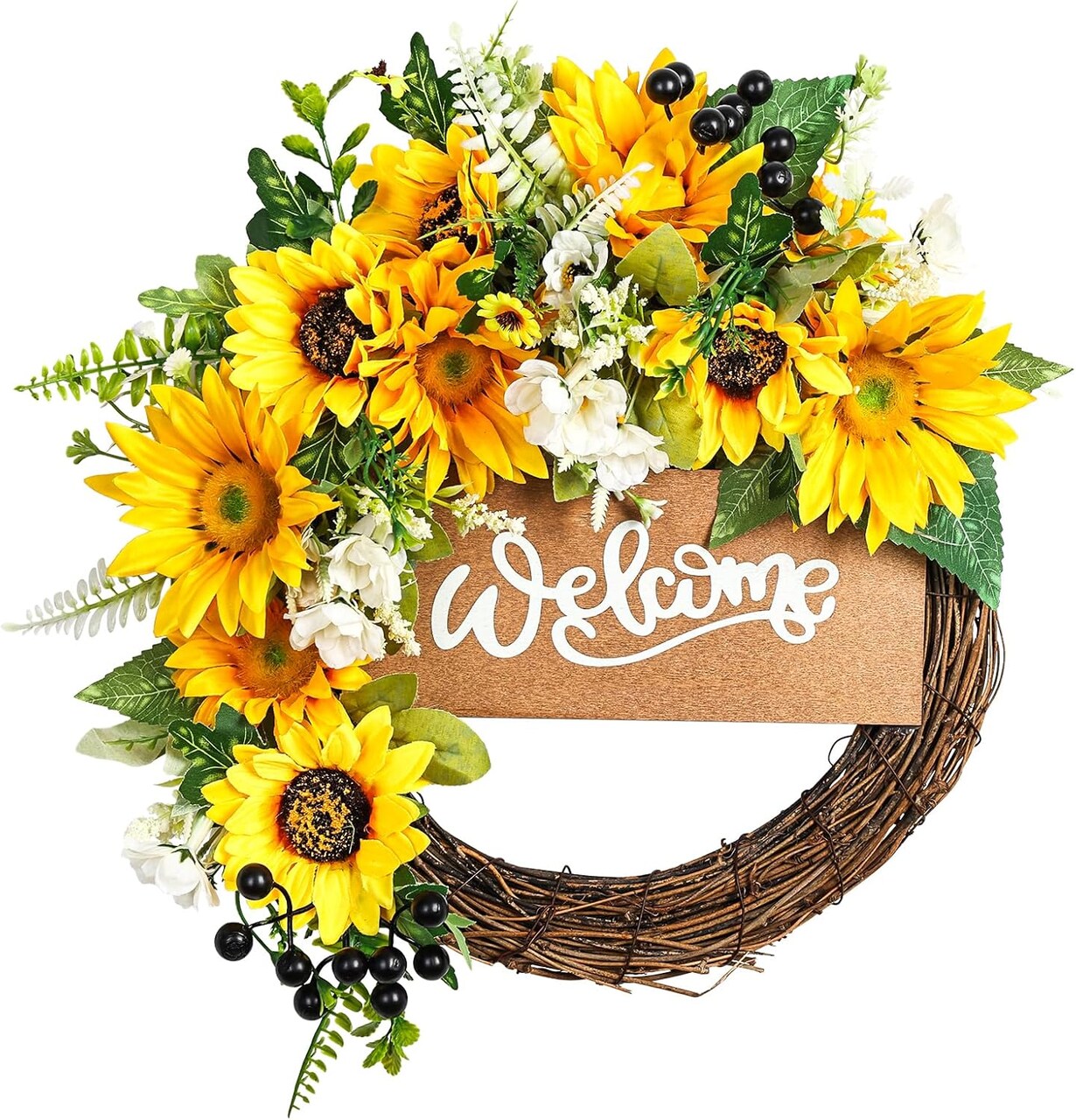 15“ Sunflower Summer Floral Wreath for Front Door with Welcome Sign,Sunflower Daisy Yellow Summer Wreath for Door Wall Front Porch Home Decoration Outdoor